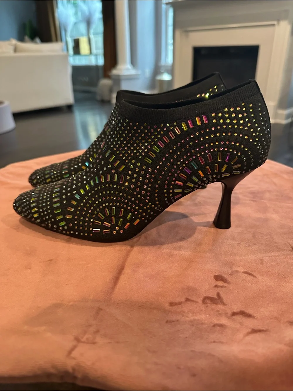 Tory Burch Black Multicolor Rhinestone Pointed Toe Booties
